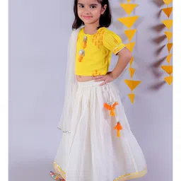 Lil' Drama Cotton Half Puffed Sleeves Floral Embroidered & Tassels Detailed Lehenga Choli With Dupatta Set - White & Yellow image 4