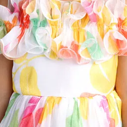 Babyhug Woven Sleeveless Floral Printed Fit & Flared Party Frock with Frill Detailing  - White Pink & Red image 4