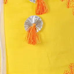 Lil' Drama Cotton Half Puffed Sleeves Floral Embroidered & Tassels Detailed Lehenga Choli With Dupatta Set - White & Yellow image 5