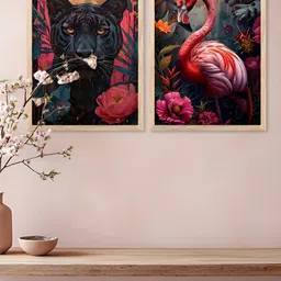 Kotart Brown & pink 2 Pieces Birds And Animals Printed Wooden Portrait Wall Arts image 3