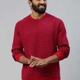 Sporto Red & Navy Loose Fit Striped Round Neck Sweatshirt image 1