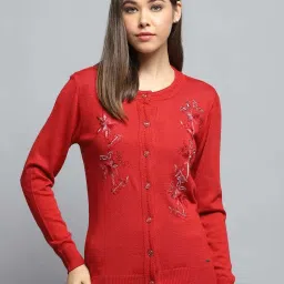 Monte Carlo Women's Red Self Design Round Neck Full Sleeve Cardigan image 1