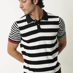 Rare Rabbit Black Cotton Striped Regular Fit T-Shirt image 1