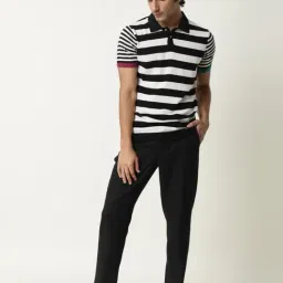 Rare Rabbit Black Cotton Striped Regular Fit T-Shirt image 3