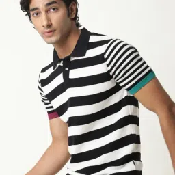 Rare Rabbit Black Cotton Striped Regular Fit T-Shirt image 4