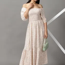 SHOWOFFFF Floral Print Off-Shoulder Chiffon Fit & Flare Maxi Dress image 4