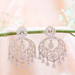 Fida Rose Gold Plated American Diamond Chand Bali Earrings image 1