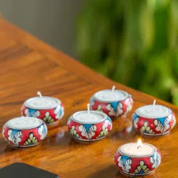 ExclusiveLane 'Shimmering Mughals' Floral Hand-painted Tea-Light Holders In Ceramic (Set of 6) image 1