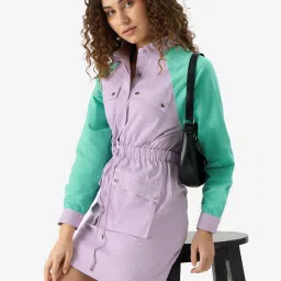 The Souled Store Purple & Green Cotton Color-Block Blouson Dress image 1