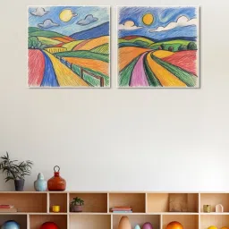 Nestroots Crayon Hand Drawn White Frame Landscape Canvas Wall Painting - Set of 2 image 1