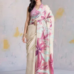 navyasa by liva Beige Printed Saree With Unstitched Blouse image 1