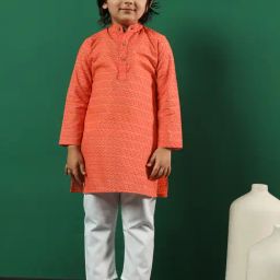 READIPRINT FASHIONS Kids Coral & White Embroidered Full Sleeves Kurta with Pyjamas-image-38