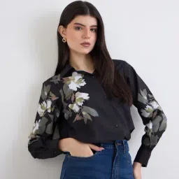 Styli Black Synthetic Regular Fit Floral Print Shirt-picture-35