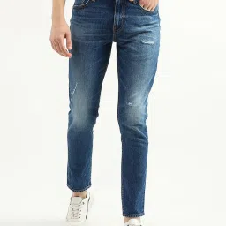 United Colors of Benetton Ocean Blue Cotton Slim Tapered Fit Distressed Jeans image 1