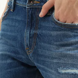 United Colors of Benetton Ocean Blue Cotton Slim Tapered Fit Distressed Jeans image 4