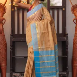 Unnati Silks Beige Cotton Woven Saree With Unstitched Blouse image 1