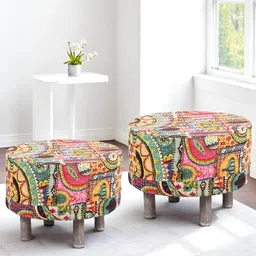 Ikiriya Pack Of 2 Green & Yellow Printed Ottomans-image-55