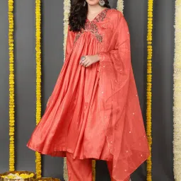 Vaamsi Orange Embroidered Kurta With Pant & Dupatta image 1