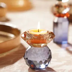 Pure Home and Living Amber & Blue Cut Glass Crystal Candle Holder-picture-36