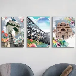 Art Street Multicolor Engineered Wood Stretched Painting Ancient Building Art - Set of 3 image 1