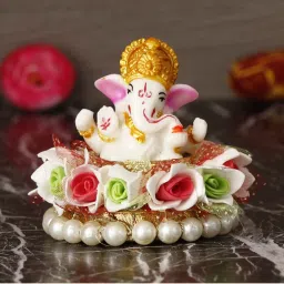 eCraftIndia Lord Ganesha Idol on Floral and Pearl Decorative Handcrafted Singhasan for Home/Temple/Office/Car Dashboard image 2