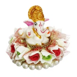 eCraftIndia Lord Ganesha Idol on Floral and Pearl Decorative Handcrafted Singhasan for Home/Temple/Office/Car Dashboard image 3