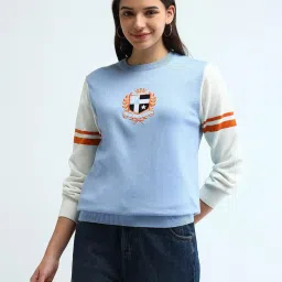 U.S. Polo Assn. Womens Blue Pure Cotton Regular Fit Colour Blocked Sweater image 1