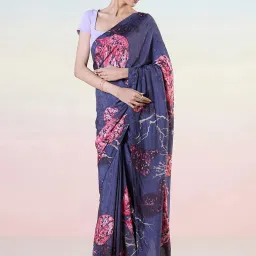 navyasa by liva Blue Printed Saree With Unstitched Blouse image 1