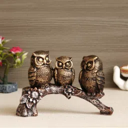 eCraftIndia 3 Owl Sitting on Branch Antique Finish Handcrafted Polyresin Decorative Showpiece image 1