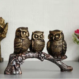eCraftIndia 3 Owl Sitting on Branch Antique Finish Handcrafted Polyresin Decorative Showpiece image 2