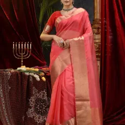 House Of Begum Dark Pink Banarasi Handloom Organza Saree With Blouse Piece-image-69