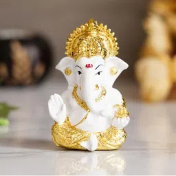 eCraftIndia Gold Plated White Siddhivinayak Ganesha Idol for Home/Temple/Office/Car Dashboard image 2