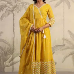 SCAKHI Yellow Cotton Embroidered Kurta Pant Set With Dupatta-picture-11
