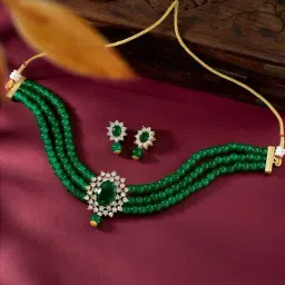 Peora Green Gold-Plated Kundan & Beads Choker Earrings Set-image-76