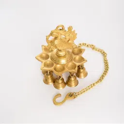 eCraftIndia Brass Peacock Deepak With Bells and Yellow Chain Wall Hanging 7 Oil Wick Diya image 2