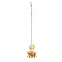 eCraftIndia Brass Peacock Deepak With Bells and Yellow Chain Wall Hanging 7 Oil Wick Diya image 3