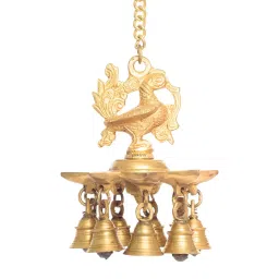 eCraftIndia Brass Peacock Deepak With Bells and Yellow Chain Wall Hanging 7 Oil Wick Diya image 5