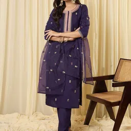 Indo Era Women Ethnic Motifs Embroidered Regular Thread Work Kurta with Trousers & With Dupatta-picture-15