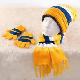 Pine Kids Woollen Knit Color Block Cap Gloves & Muffler Set - Yellow Blue & White-picture-18