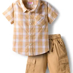 Babyhug Cotton Woven Half Sleeves Shirt and Short With Pockets & Checks - White & Yellow-picture-24