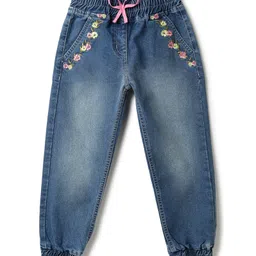 Tales & Stories Denim Woven Floral Embroidered Mild Washed Joggers - Mid Blue-picture-42