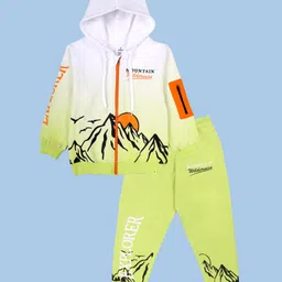 Kiddopanti Fleece Knit Full Sleeves Mountains Printed Light Winter Hooded Sweatshirt With Track Pants Set - White & Neon Green-picture-10