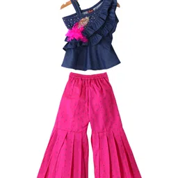 Twisha Woven Denim Woven Sleeveless Bird Embroidered & Sequins Embellished Top Palazzo Set - Blue & Pink-picture-12