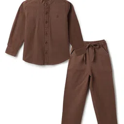 Tales & Stories Cotton Linen Woven Full Sleeves Solid Shirt & Trousers Set - Dark Brown-picture-10