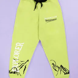 Kiddopanti Fleece Knit Full Sleeves Mountains Printed Light Winter Hooded Sweatshirt With Track Pants Set - White & Neon Green image 4