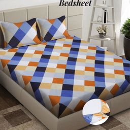 Arrabi Cream & Blue Geometric Printed 310 TC King Fitted Bedsheet Set 2.54 m x 2.03 m-picture-43