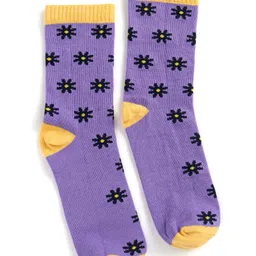 Pine Kids Cotton Nylon Knit Ankle Length Socks Floral & Brand Design Pack of 3 - Yellow Purple & Black image 5