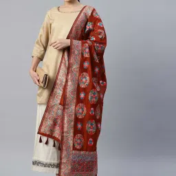 Silk Land Red Cotton Woven Pattern Dupatta image 1