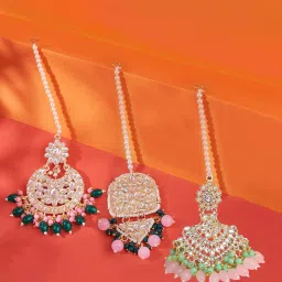 Zaveri Pearls Set of 3 Multicolor Beads Traditional Kundan Maangtikka-ZPFK14536 image 1