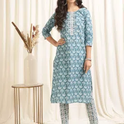 Rangita Blue & White Cotton Printed Kurta Pant Set image 1